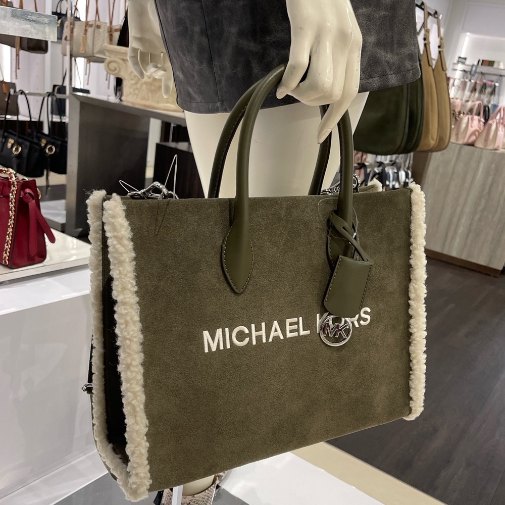 MICHAEL KORS Mirella Medium Suede and Faux Shearling Tote Bag
Olive 
NWT - Picture 9 of 16